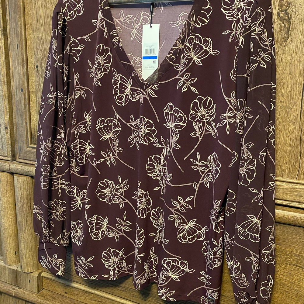 NWT Calvin Klein Burgundy Floral Blouse Size: XL